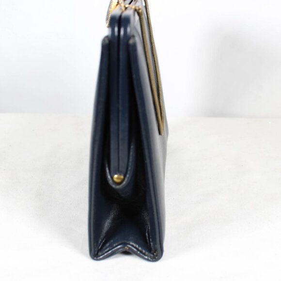 Vintage 1950s Navy Faux Leather Handbag with Art Deco Latch & Metal Chain - Picture 11 of 16